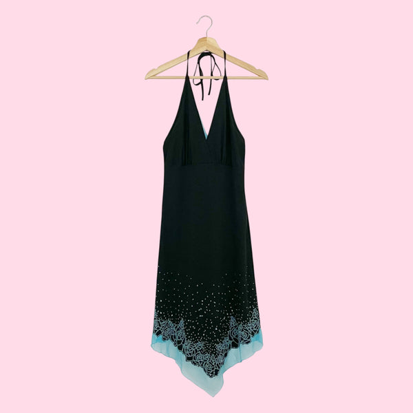 BLACK + AQUA BEADED FLORAL HALTER MIDI DRESS (S)