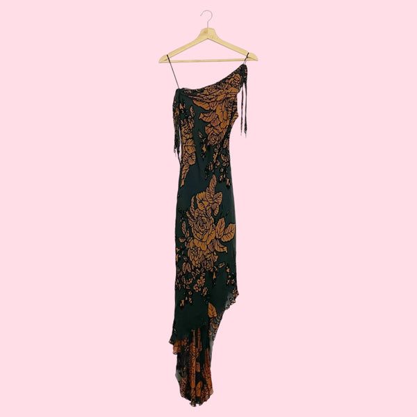 Y2K Black + Brown Floral Asymmetrical Dress (6)