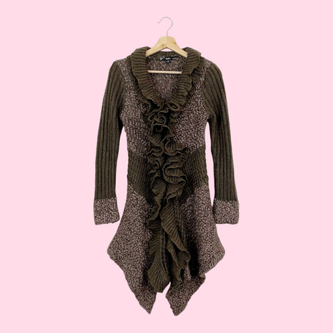 Y2K BROWN RUFFLE LONG CARDIGAN (M/L)