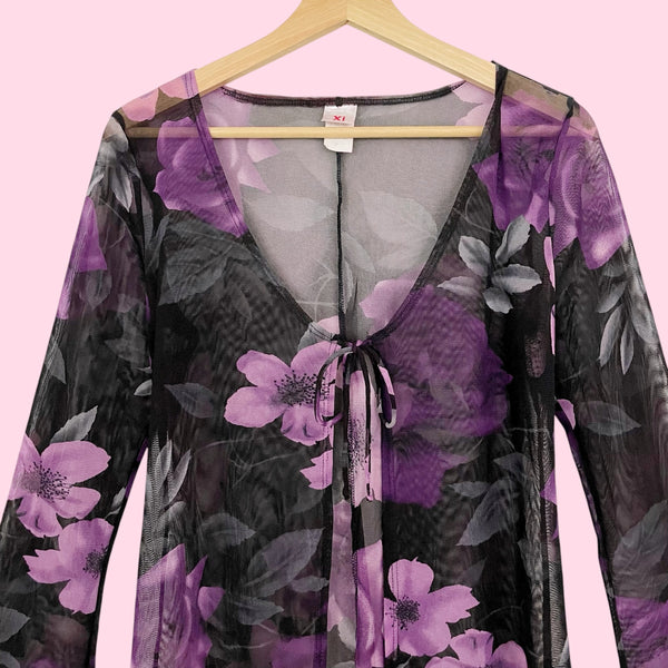 BLACK + PURPLE FLORAL MESH TIE FRONT COVER UP (M)