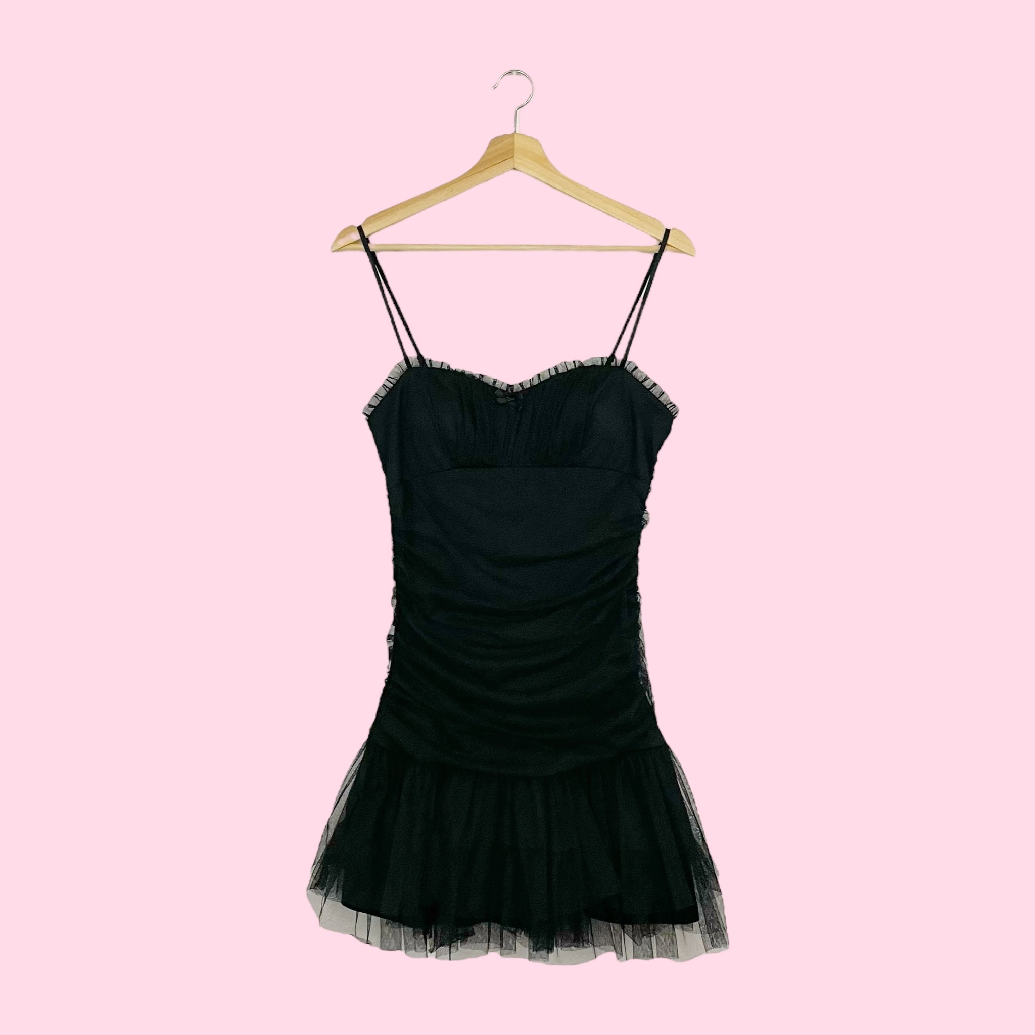 BLACK RUCHED TULLE MINI DRESS (S)