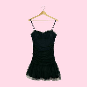 BLACK RUCHED TULLE MINI DRESS (S)