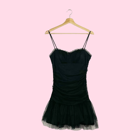 BLACK RUCHED TULLE MINI DRESS (S)