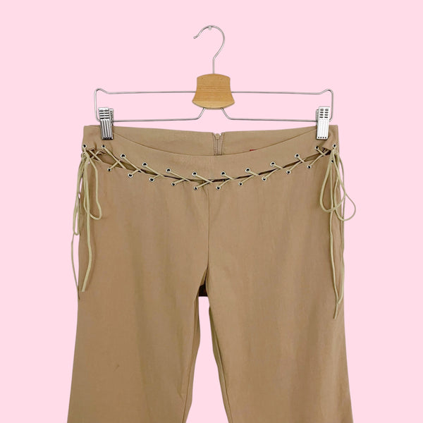 TAN STRETCH BOOTCUT PANTS W/ SUEDE LACE (M)