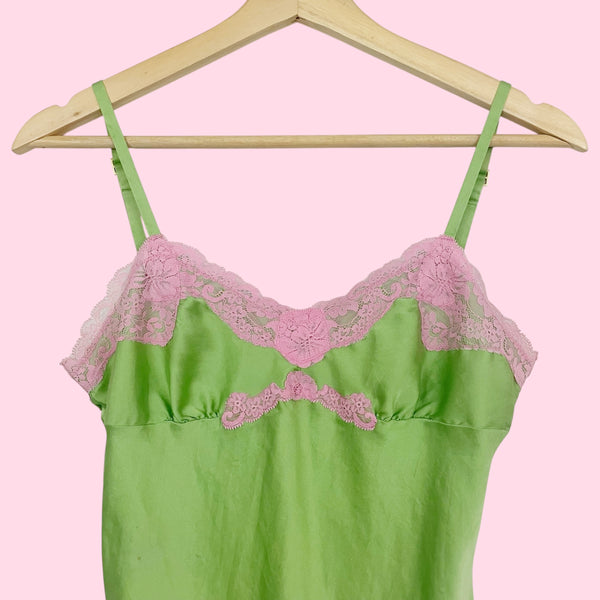 GREEN + PINK SILK LACE TRIM CAMI (XS)
