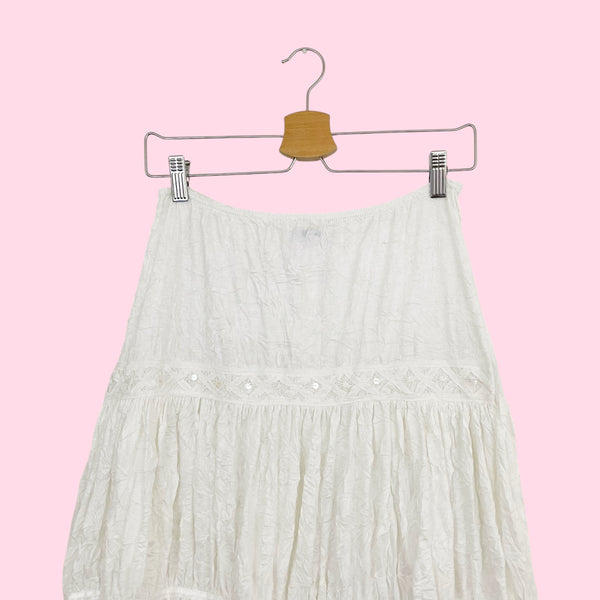 White Tiered Wrinkle Maxi Skirt W/ Sequins (S)