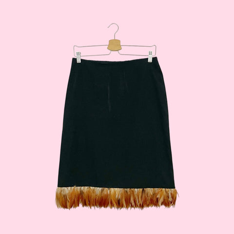 BLACK FEATHER TRIM MIDI SKIRT (M/L)