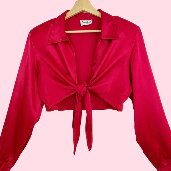 SATIN TIE FRONT CROPPED BLOUSE (XL)