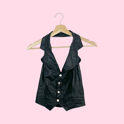 BLACK LEATHER HALTER VEST (S)