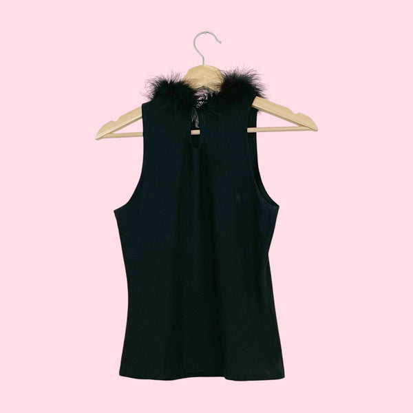 BLACK MARABOU TRIM TANK TOP (M)