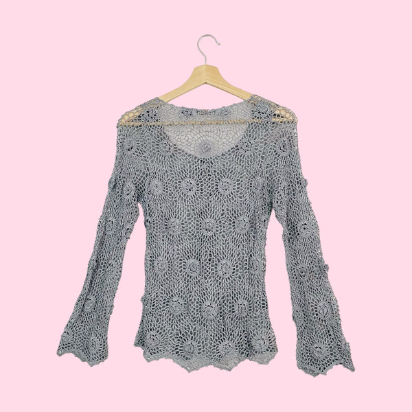 BCBG Silver Crochet Knit Top (M)