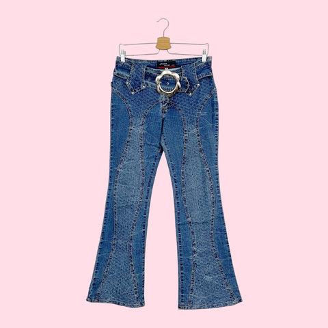 LOW RISE TEXTURED PANEL JEANS W/ DAISY BELT BUCKLE (6/8)