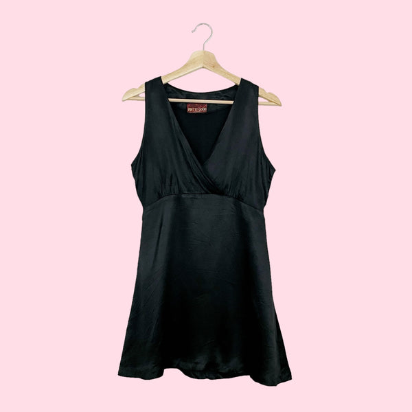 BLACK SATIN TIE BACK MINI DRESS (S)