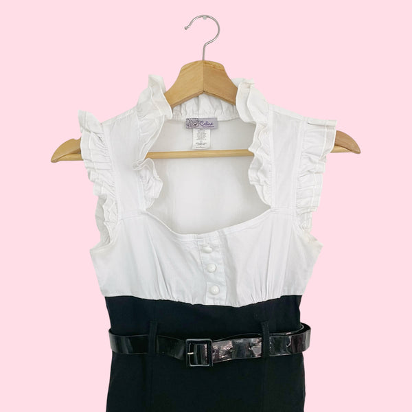 Y2K Black + White Stretch Office Top w/ Belt (S)
