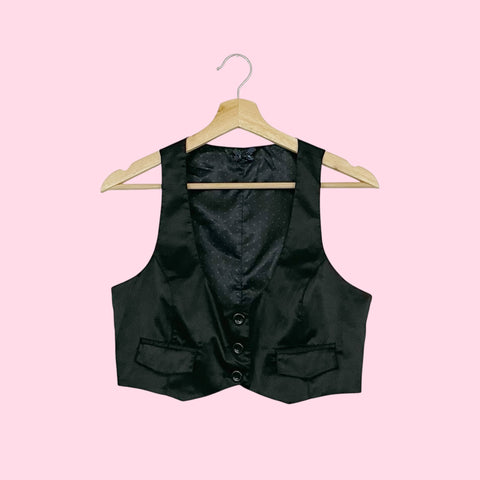 Y2K BLACK SATIN CROPPED VEST (S)