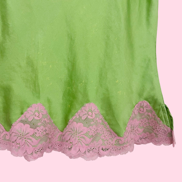 GREEN + PINK SILK LACE TRIM CAMI (XS)