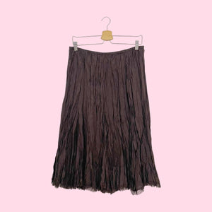 BROWN SILK WRINKLE PLEATED MIDI SKIRT (M)