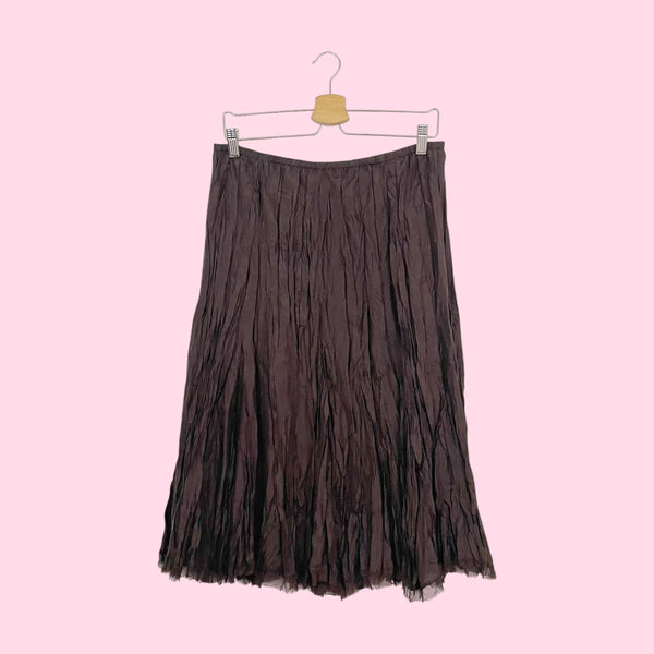 BROWN SILK WRINKLE PLEATED MIDI SKIRT (M)