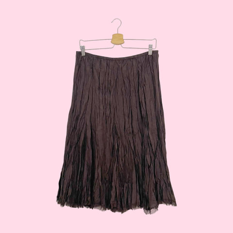 BROWN SILK WRINKLE PLEATED MIDI SKIRT (M)