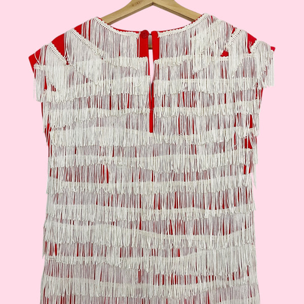 RED + WHITE FRINGE FLAPPER DRESS (S/M)