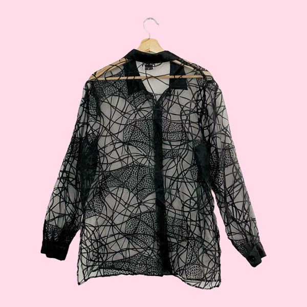 BLACK PATTERNED SHEER BLOUSE (XL)