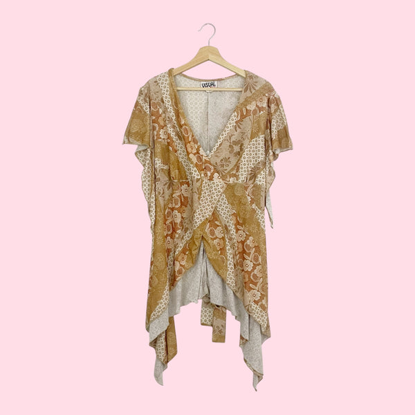 Y2K Tan Patchwork Mesh Asymmetrical Tie Back Top (3X)