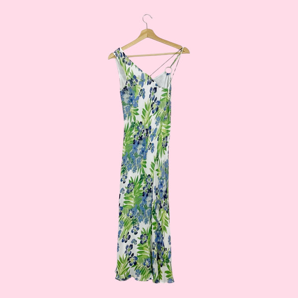 FLORAL PRINT RAYON MAXI DRESS W/ ASYMMETRICAL STRAPS (M)