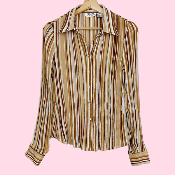 BROWN VERTICAL STRIPED PLEATED BLOUSE (S)