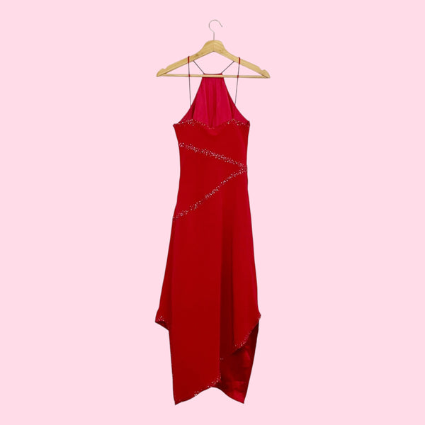 RED BEADED ASYMMETRICAL MIDI DRESS (2)