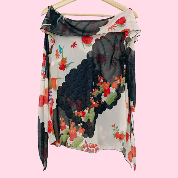 SHEER FLORAL PRINT TANK W/ OPEN TASSEL SLEEVE (S/M)