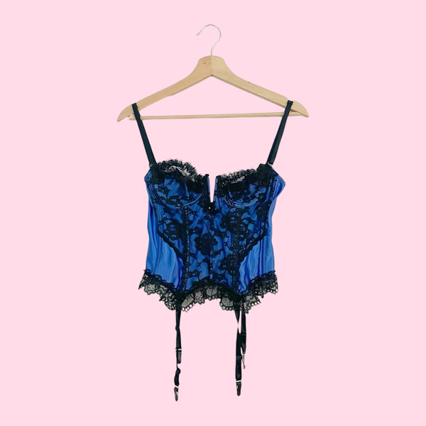 90s Frederick's Blue Satin + Lace Bustier (XS/S)