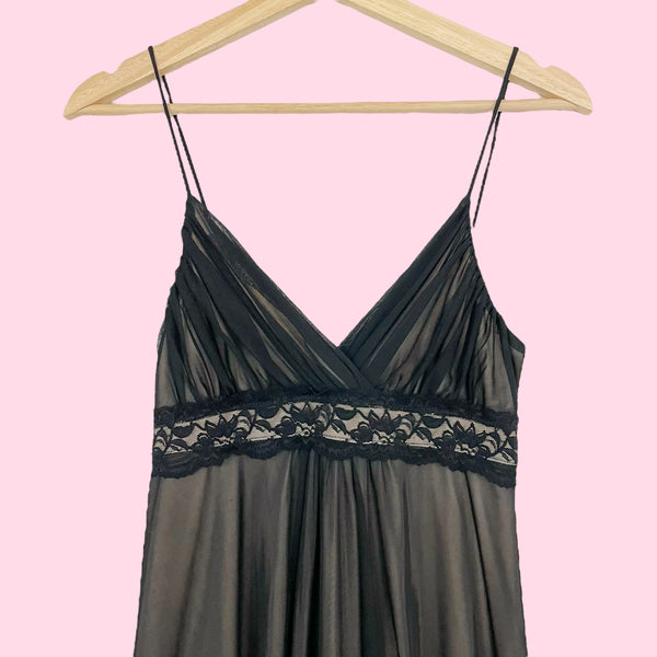 BLACK + TAN MESH LACE TRIM MIDI DRESS (S)