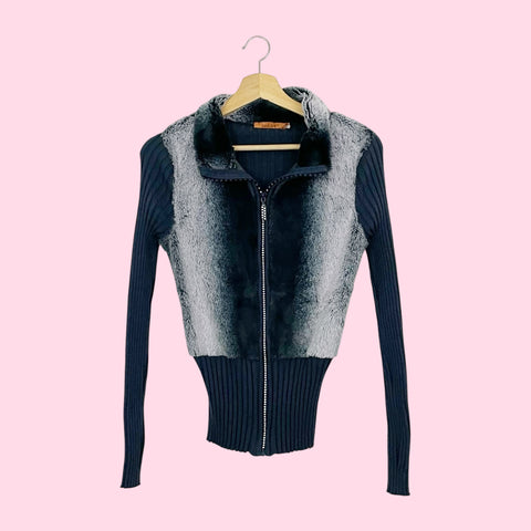 GRAY FAUX FUR ZIP UP CARDIGAN (S)