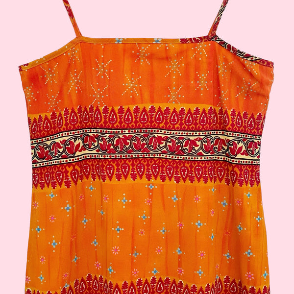 ORANGE PRINTED MESH DRESS (M)