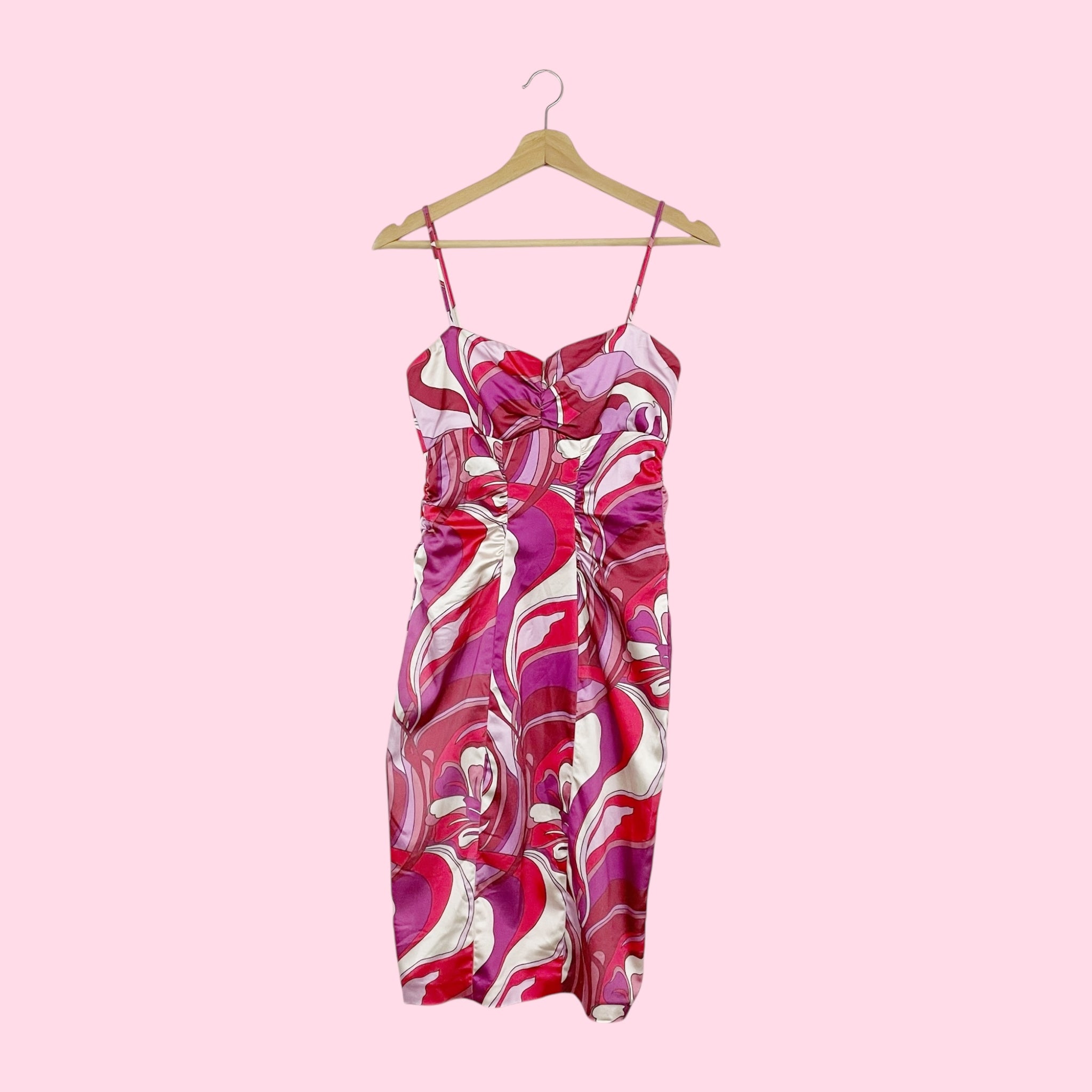 PRINTED RUCHED BODYCON MIDI DRESS (S)