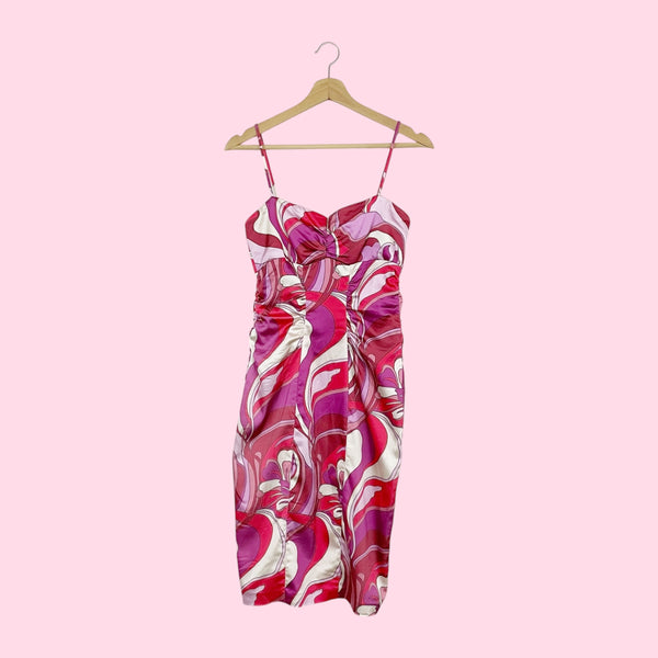 PRINTED RUCHED BODYCON MIDI DRESS (S)