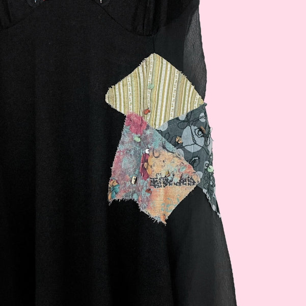 Y2K BLACK BEADED FUR TRIM TANK TOP (M)