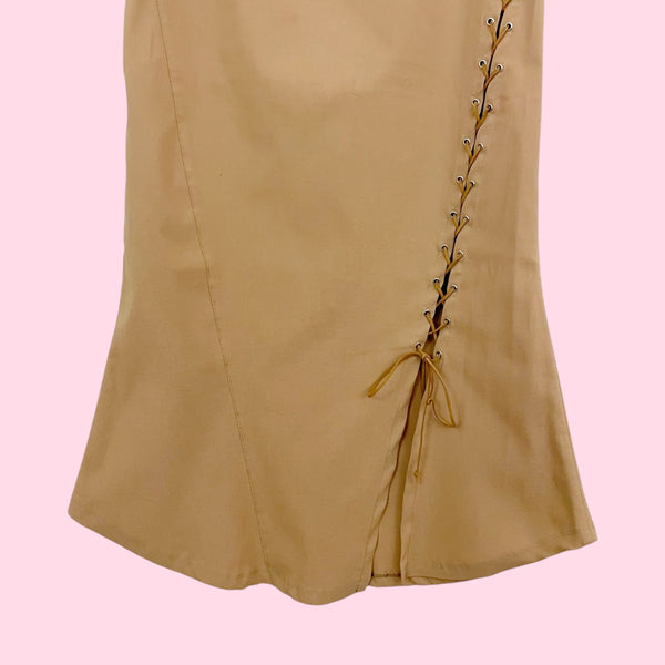 TAN STRETCH LACE UP STRAPLESS DRESS (XL)