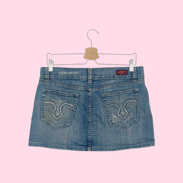 Y2K Denim Skirt W/ Rhinestone Pockets (M/L)