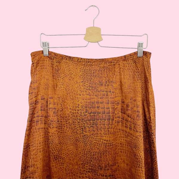 BROWN SILK REPTILE PRINT MIDI SKIRT (16)