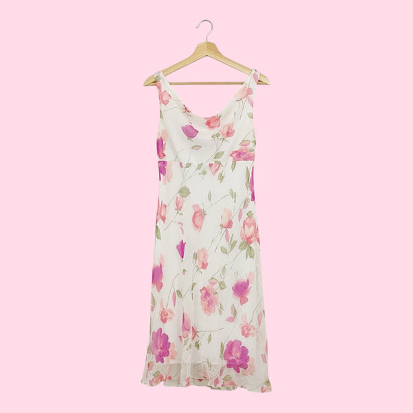 WHITE FLORAL COWL NECK MIDI DRESS (M)