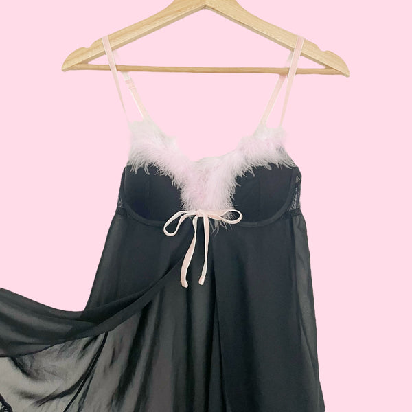 BLACK BABYDOLL W/ PINK FEATHER TRIM (S)