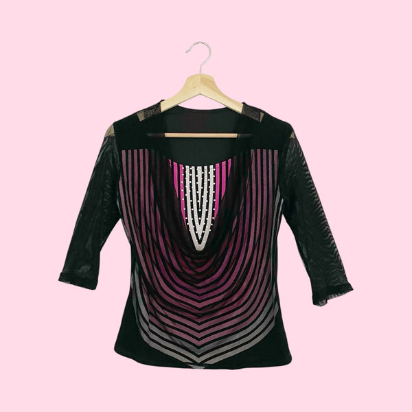 BLACK + PINK RHINESTONE COWL NECK TOP (M)
