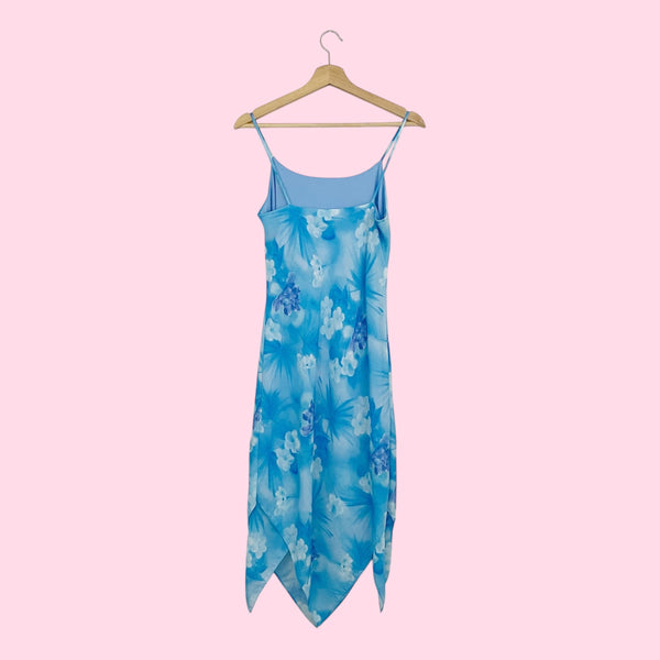 Y2K Blue Floral Asymmetrical Midi Dress (S/M)