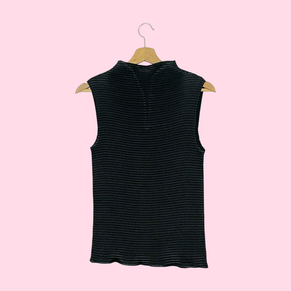 BLACK PLEATED HIGH NECK TOP (L)