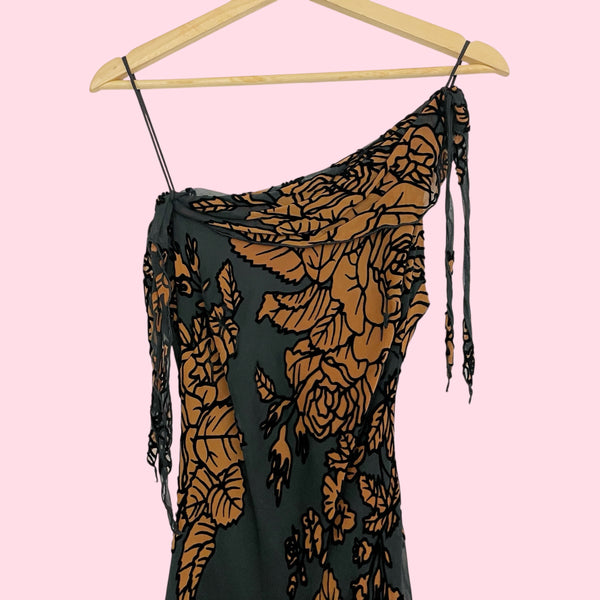 Y2K Black + Brown Floral Asymmetrical Dress (6)