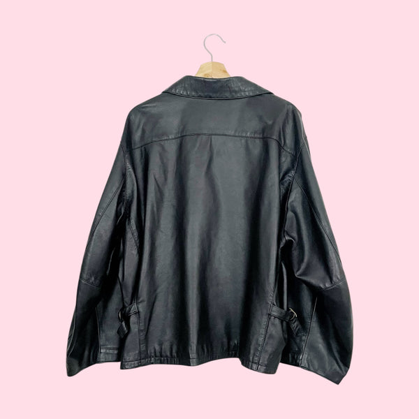 Black Leather Oversized Bomber Jacket (XL)
