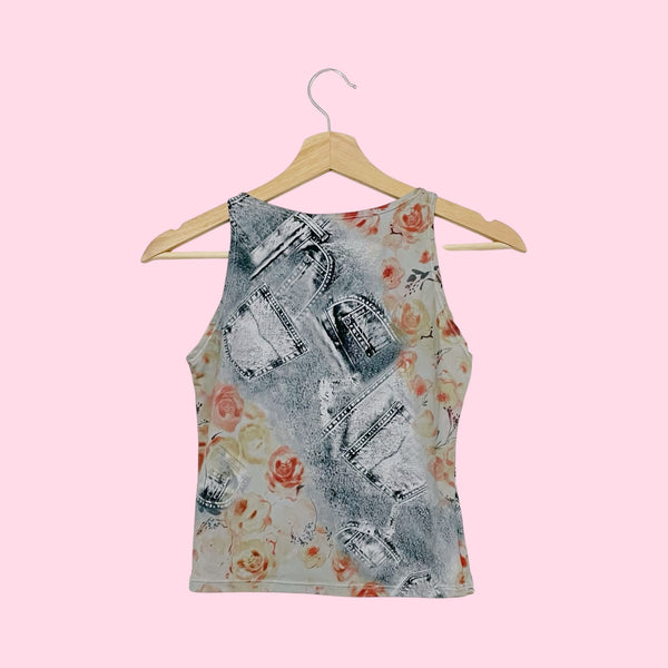GRAY DENIM ROSE PRINT TANK (XS/S)