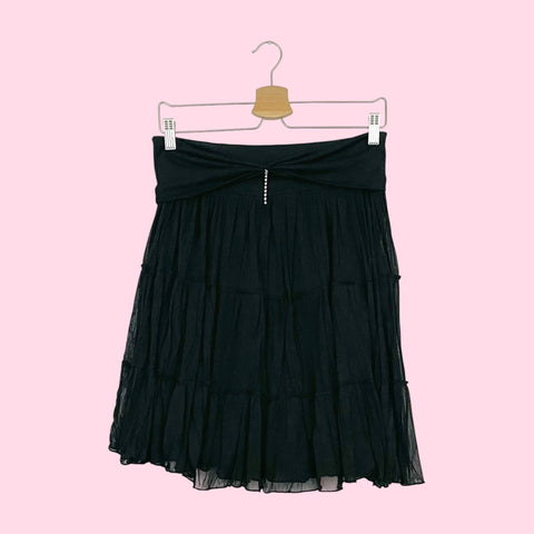 BLACK TIERED MESH MIDI SKIRT W/ RHINESTONE DANGLE CHARM (M)