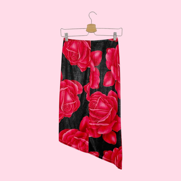 ROSE PRINT ASYMMETRICAL MIDI SKIRT (S)